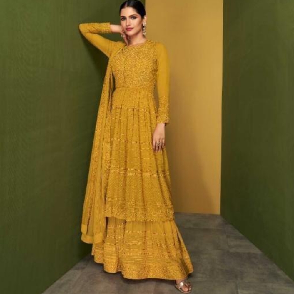 NWT: Mustard Yellow 3-piece SHARARA-BOTTOM SUIT [READYMADE]